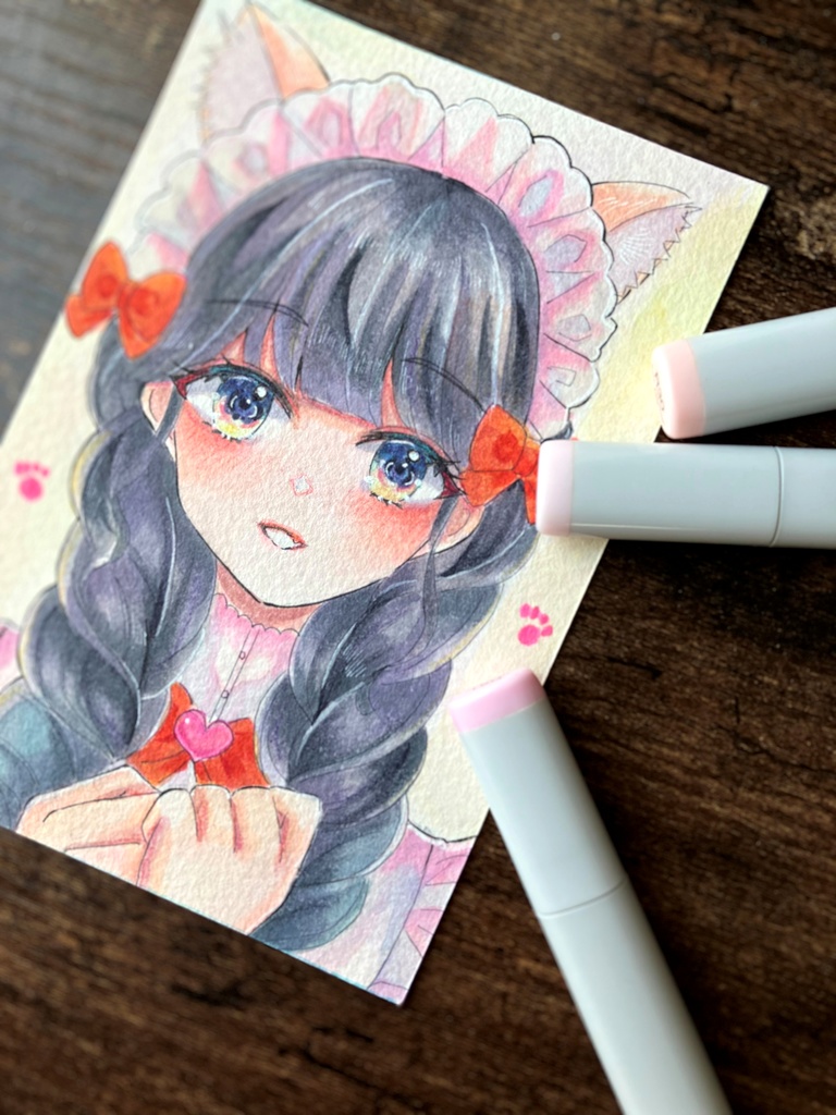 透明水彩 透明水彩イラスト　原画イラスト　 猫耳 メイドさん