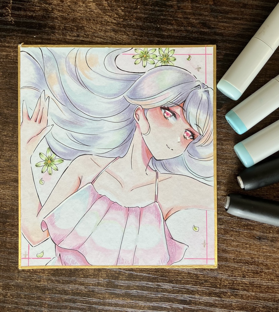 コピック原画 コピック色紙 花と横たわる女の子