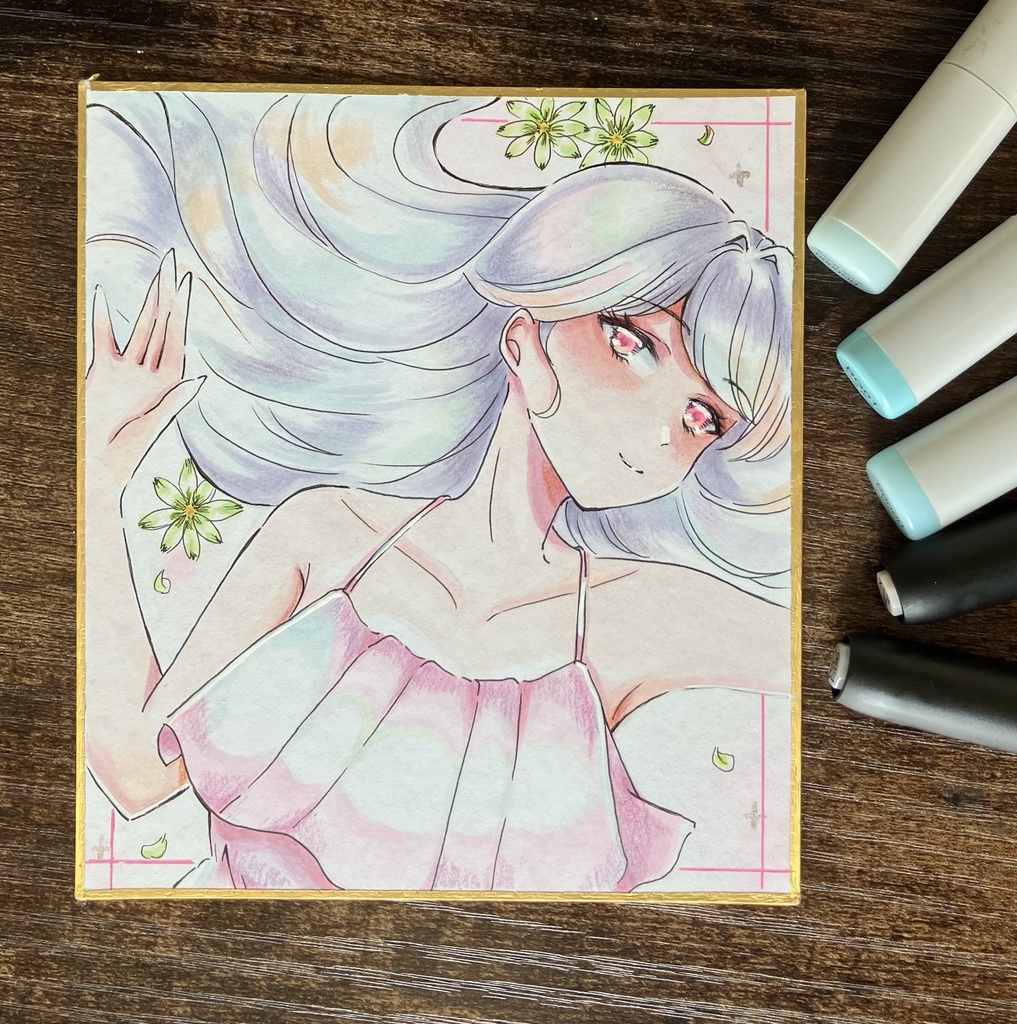 コピック原画 コピック色紙 花と横たわる女の子