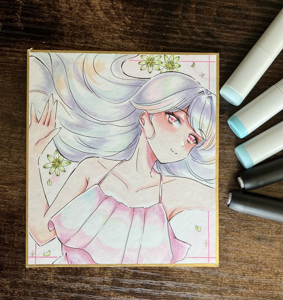 コピック原画 コピック色紙 花と横たわる女の子