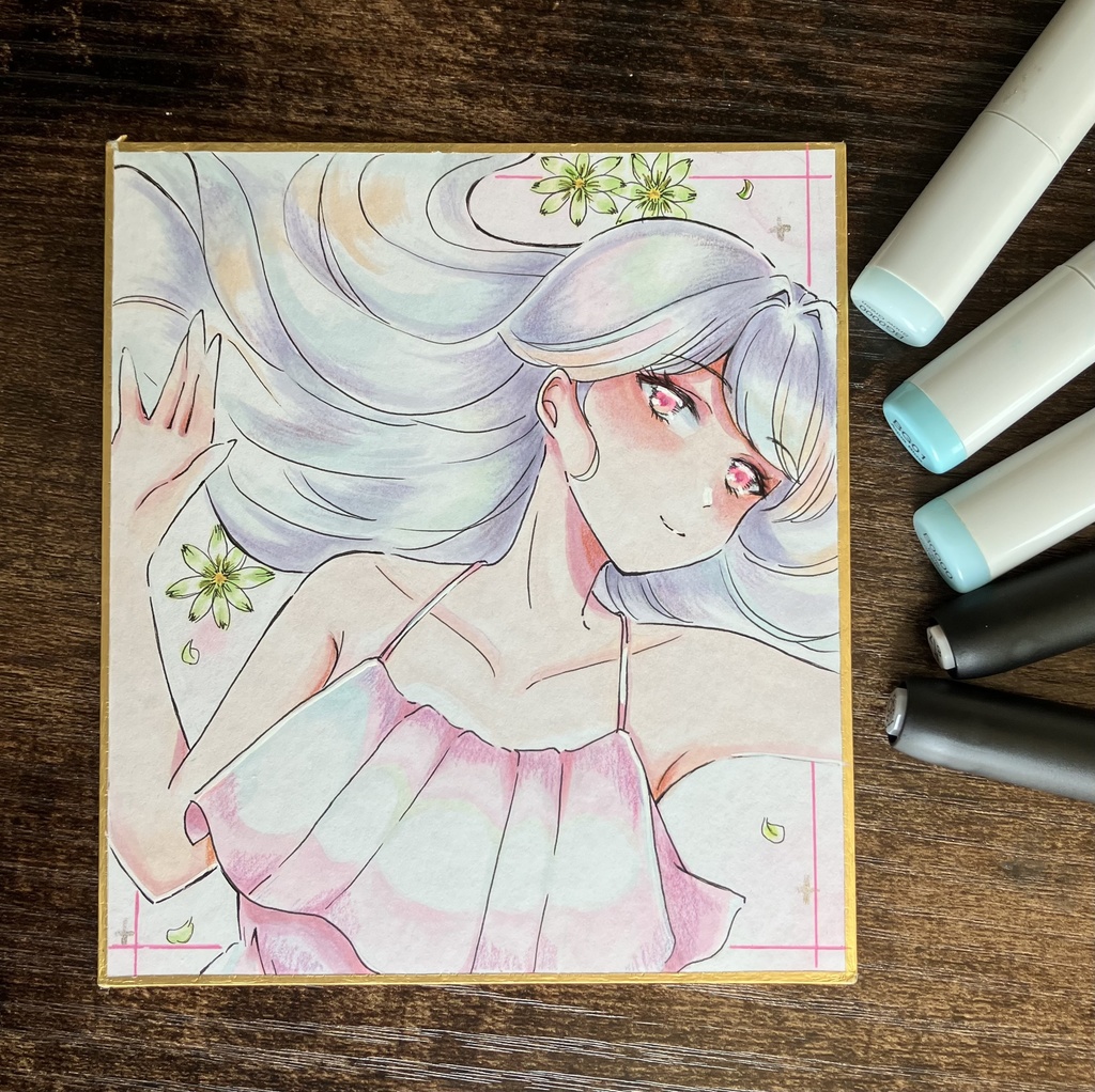 コピック原画 コピック色紙 花と横たわる女の子