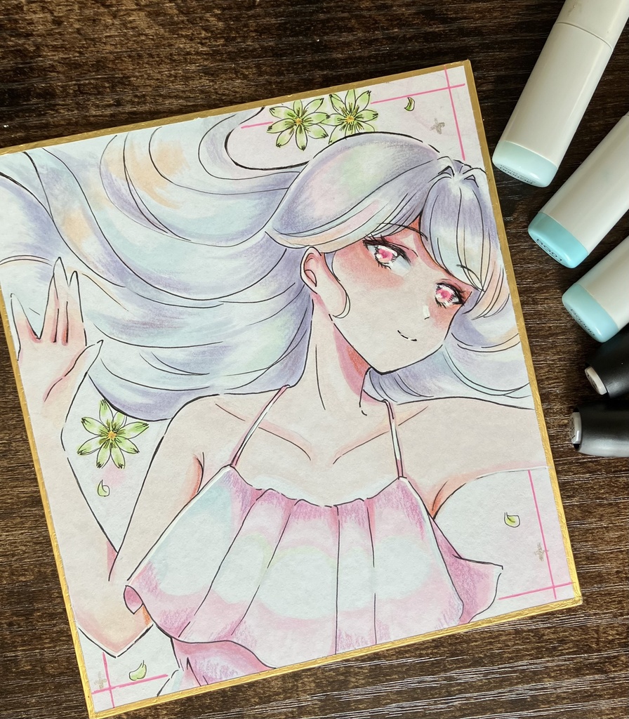 コピック原画 コピック色紙 花と横たわる女の子