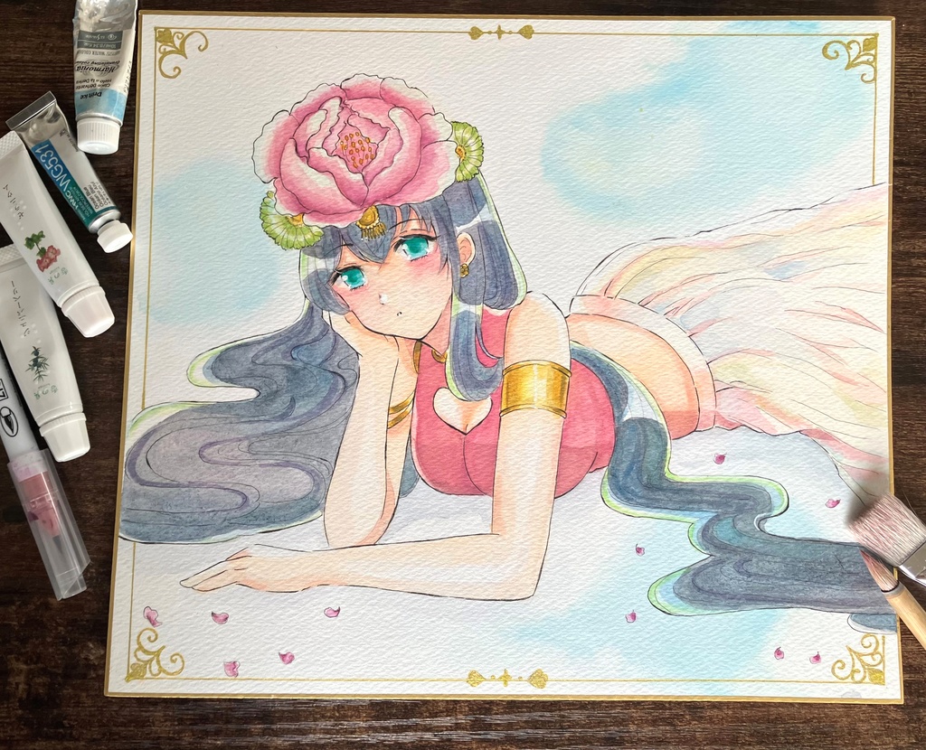 透明水彩原画 透明水彩色紙 大色紙 手描き色紙 花冠
