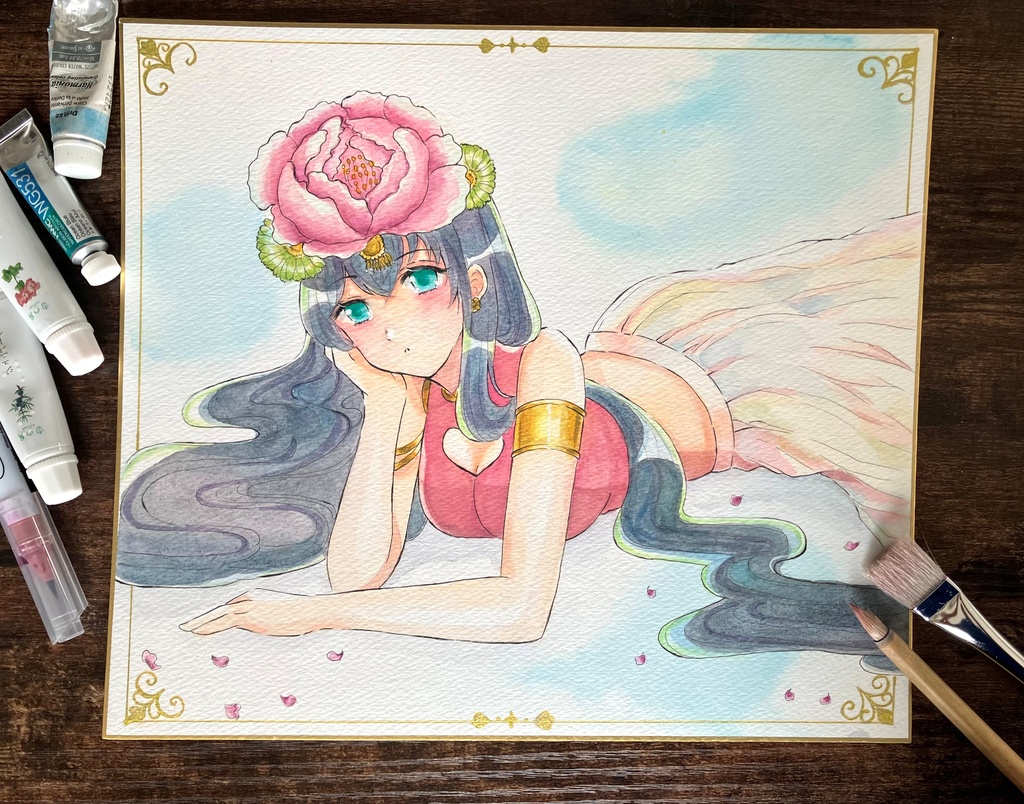 透明水彩原画 透明水彩色紙 大色紙 手描き色紙 花冠