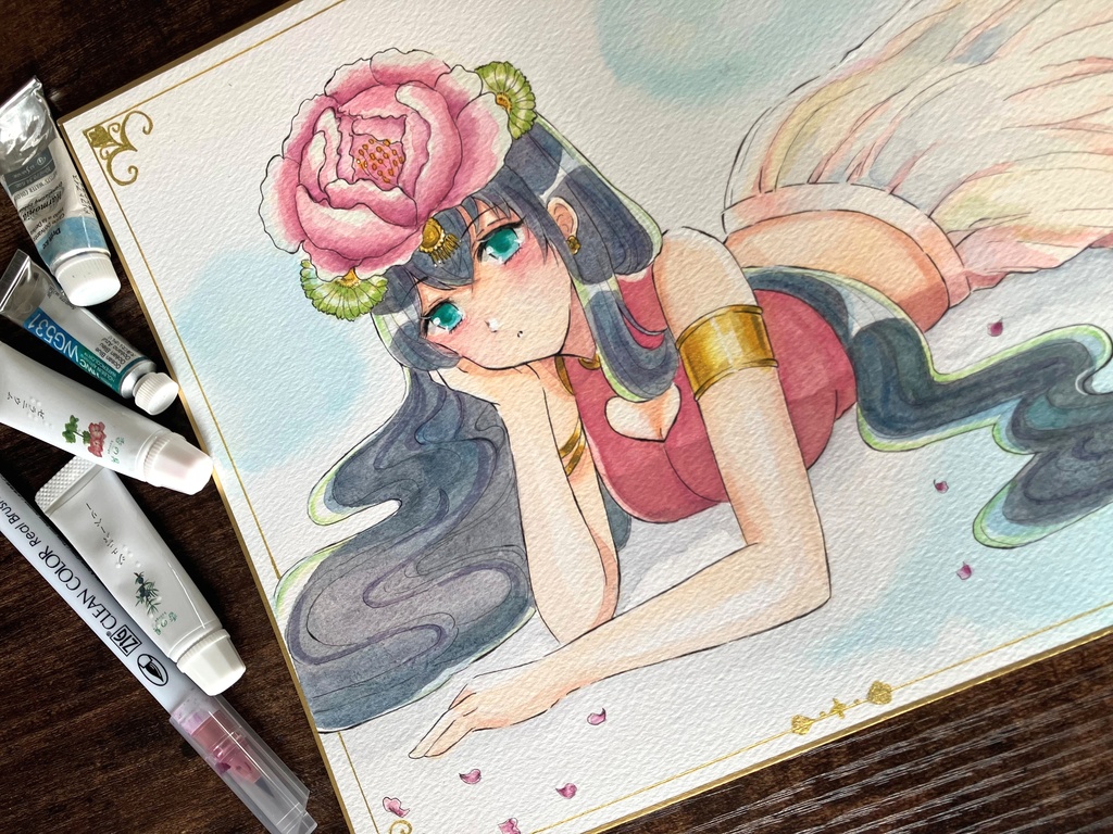 透明水彩原画 透明水彩色紙 大色紙 手描き色紙 花冠