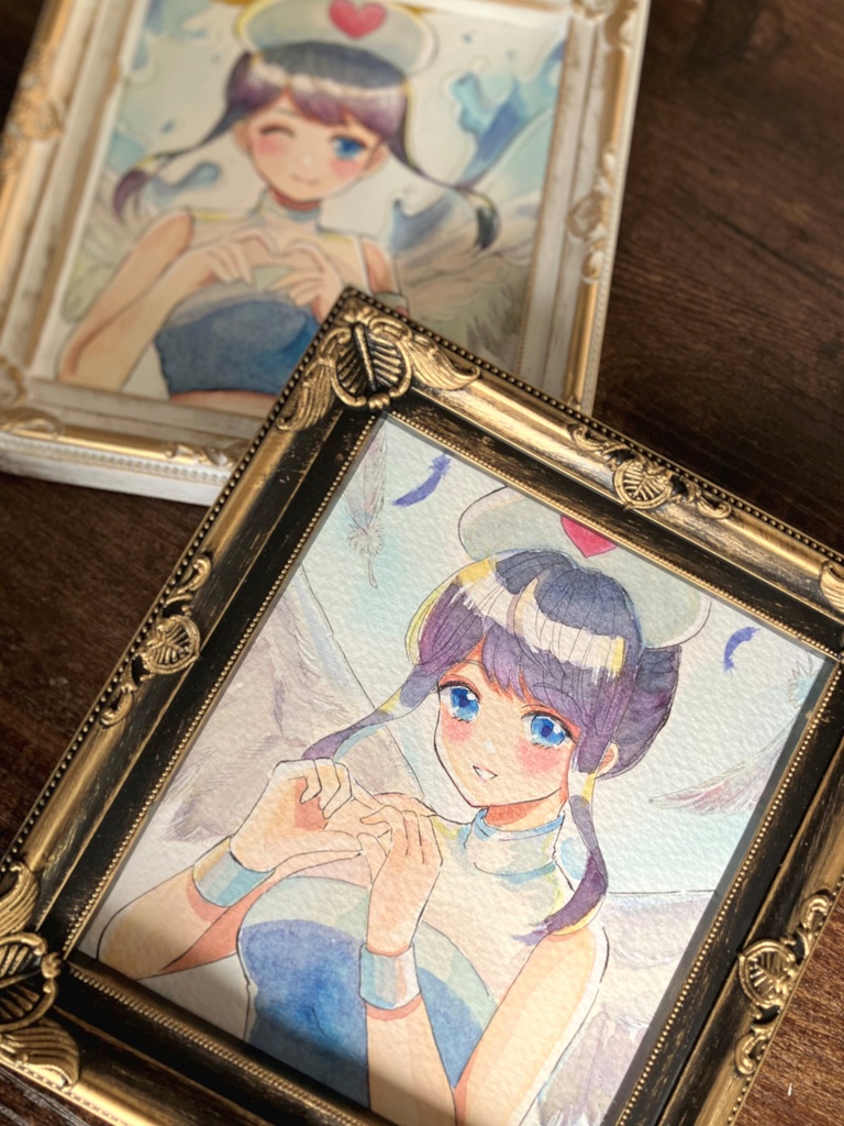 透明水彩原画・額装原画(黒い額)・原画販売・お出かけアクスタ付き