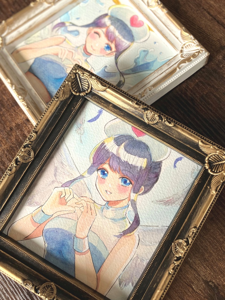 透明水彩原画・額装原画(黒い額)・原画販売・お出かけアクスタ付き