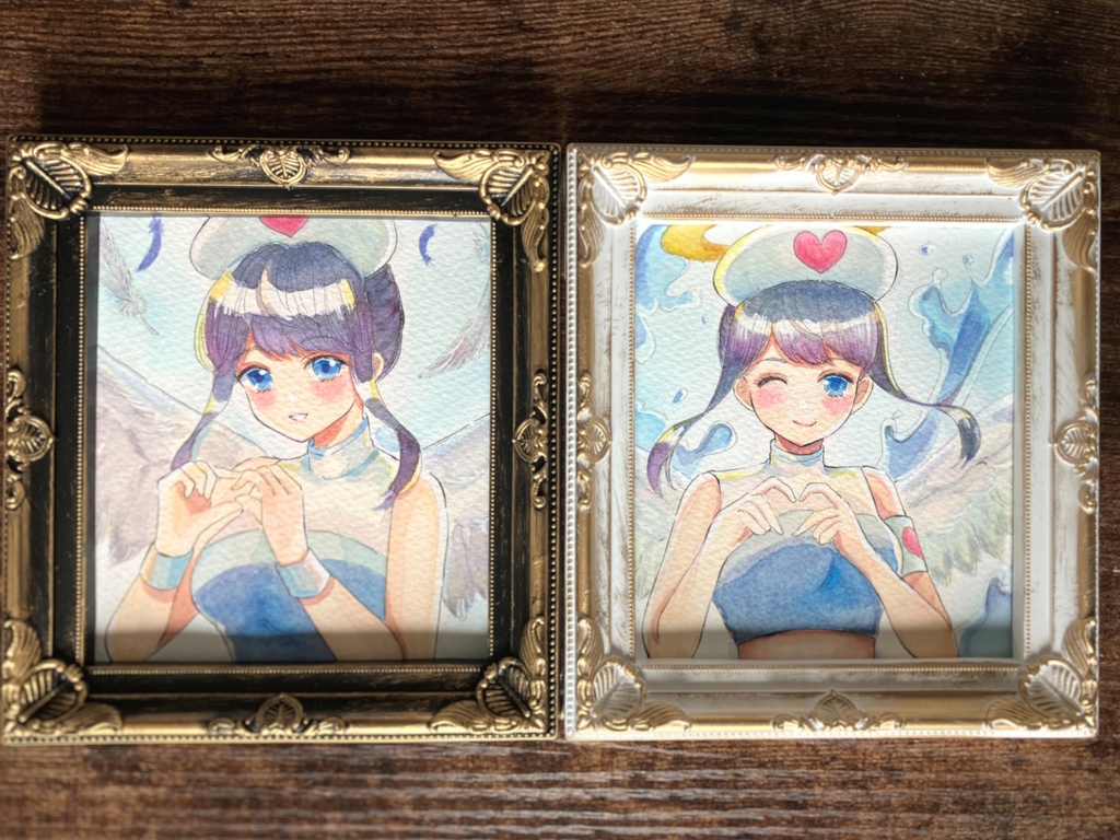 透明水彩原画・手描き原画・額装原画・雫ちゃん・お出かけアクスタ付き・白い額