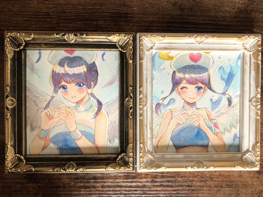 透明水彩原画・手描き原画・額装原画・雫ちゃん・お出かけアクスタ付き・白い額