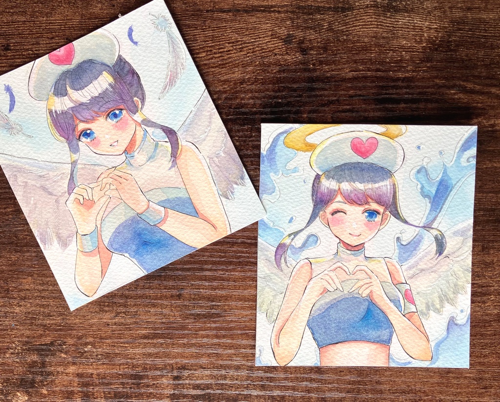 透明水彩原画・手描き原画・額装原画・雫ちゃん・お出かけアクスタ付き・白い額