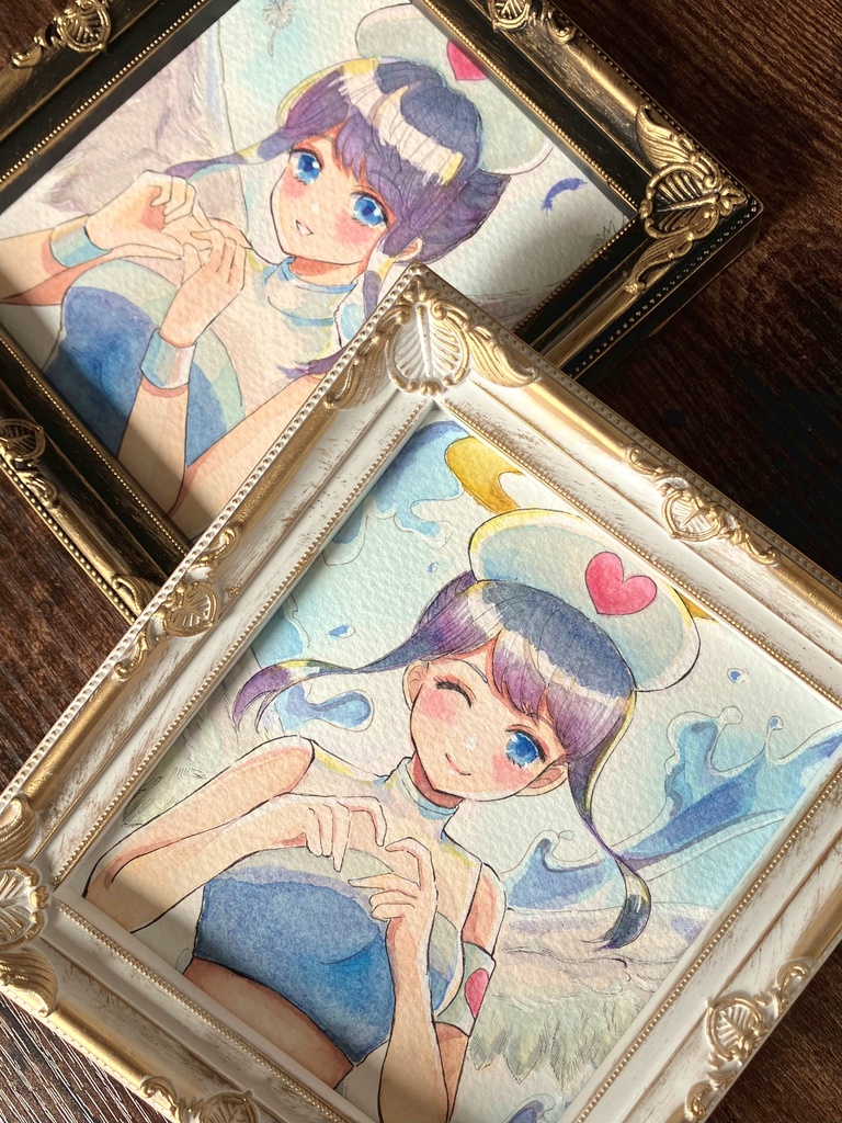 透明水彩原画・手描き原画・額装原画・雫ちゃん・お出かけアクスタ付き・白い額