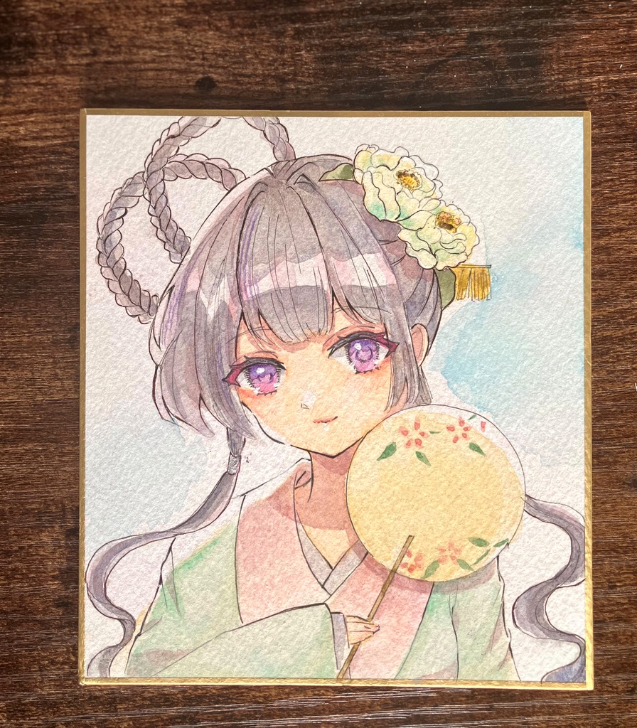 透明水彩原画　透明水彩色紙　色紙原画　　手描き色紙　桜ちゃん黒髪三つ編み