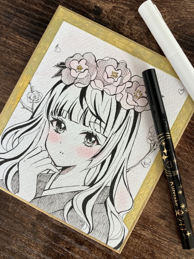 手書き色紙 アナログ色紙 ペン画 手書き 梅を飾って