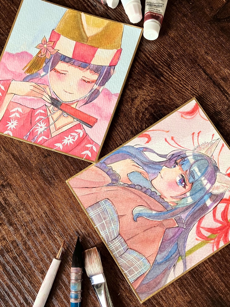 狐と彼岸花 透明水彩原画 透明水彩色紙 透明水彩 手描き色紙