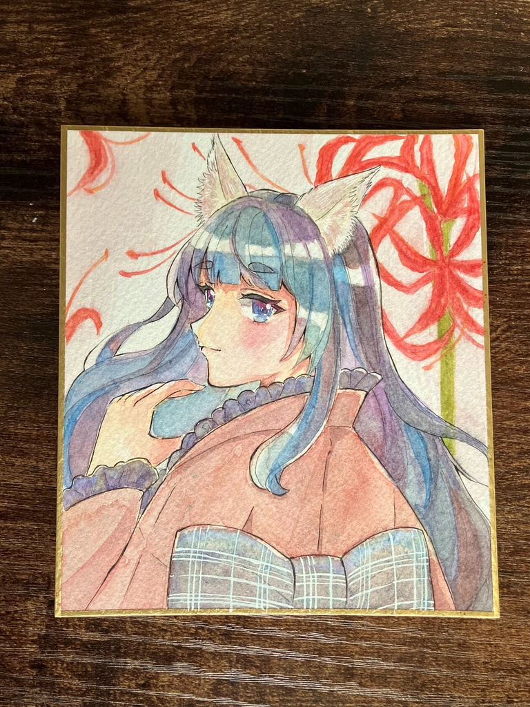 狐と彼岸花 透明水彩原画 透明水彩色紙 透明水彩 手描き色紙