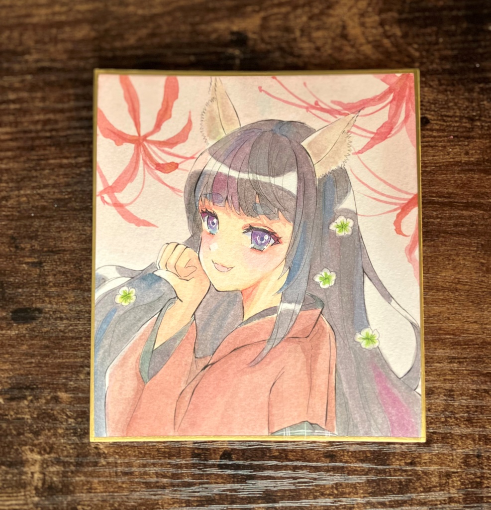 コンッ 狐の踊り 透明水彩イラスト 透明水彩色紙 透明水彩原画 手描き色紙