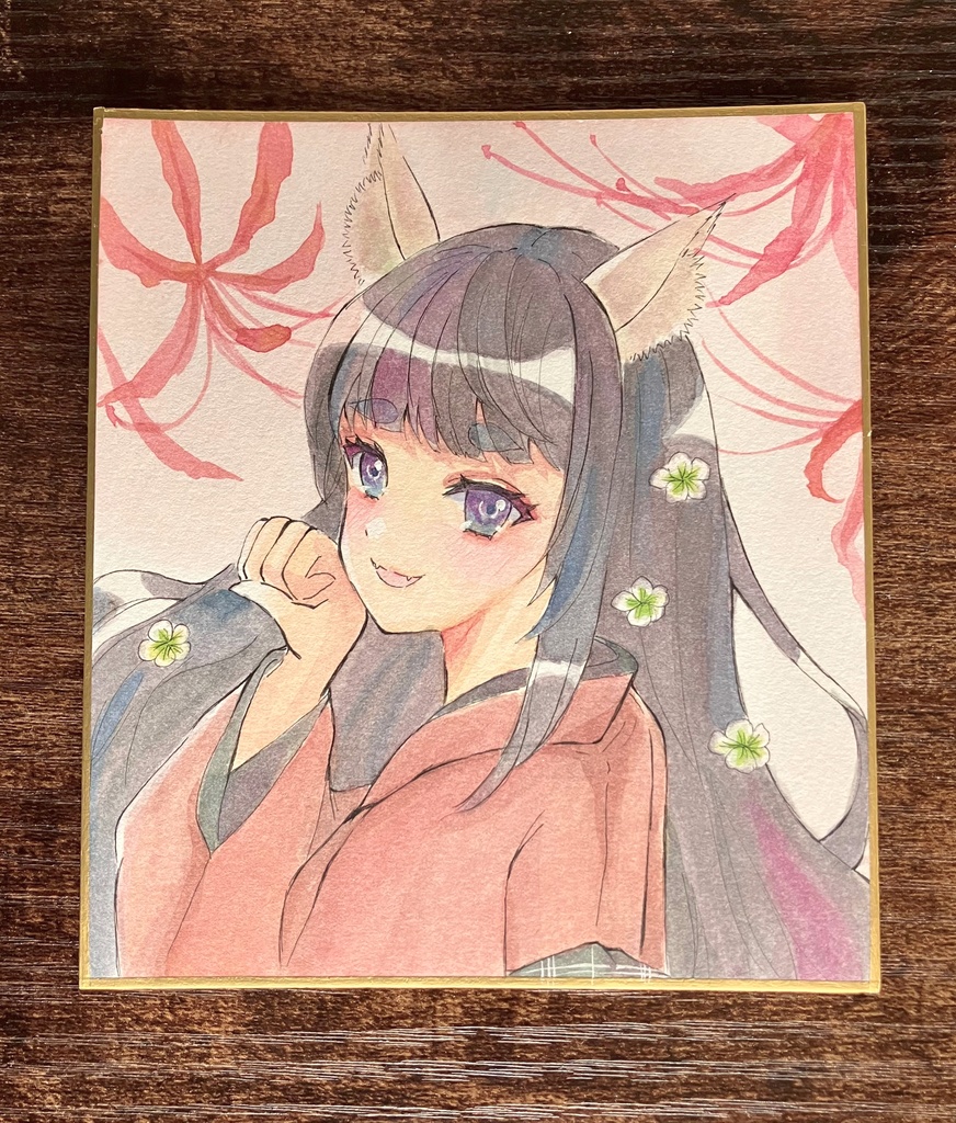 コンッ 狐の踊り 透明水彩イラスト 透明水彩色紙 透明水彩原画 手描き色紙