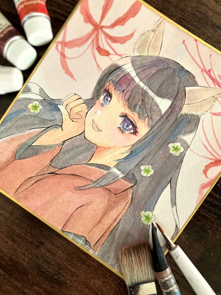 コンッ 狐の踊り 透明水彩イラスト 透明水彩色紙 透明水彩原画 手描き色紙