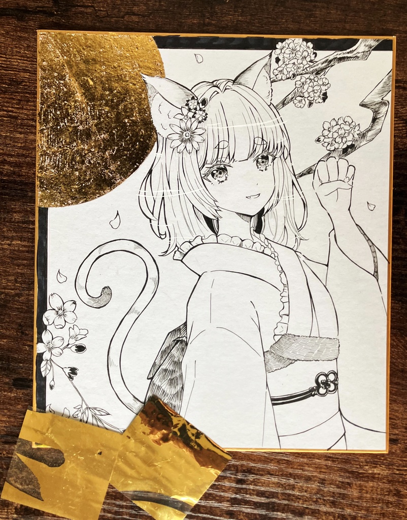月見猫ちゃん 本金箔を貼りました 手描き原画 原画色紙 原画販売