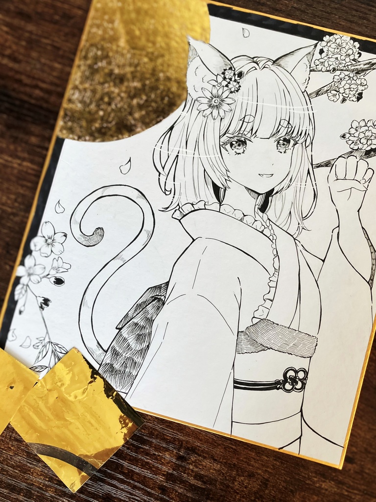 月見猫ちゃん 本金箔を貼りました 手描き原画 原画色紙 原画販売