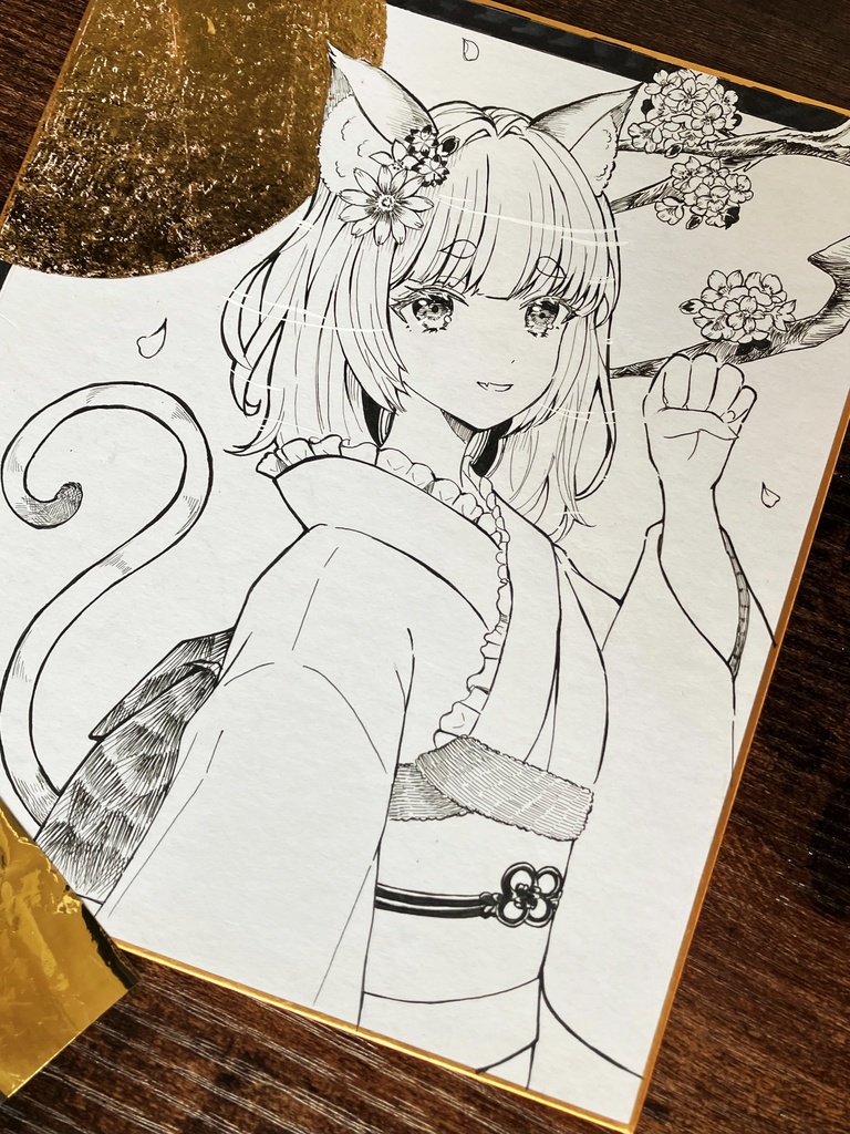 月見猫ちゃん　本金箔を貼りました　手描き原画　原画色紙　原画販売