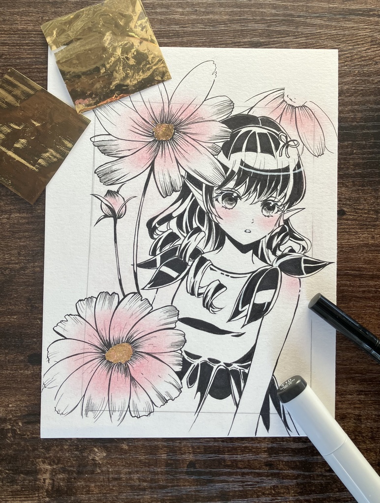 秋桜さん 手描きハガキサイズ原画 本金箔を使いました