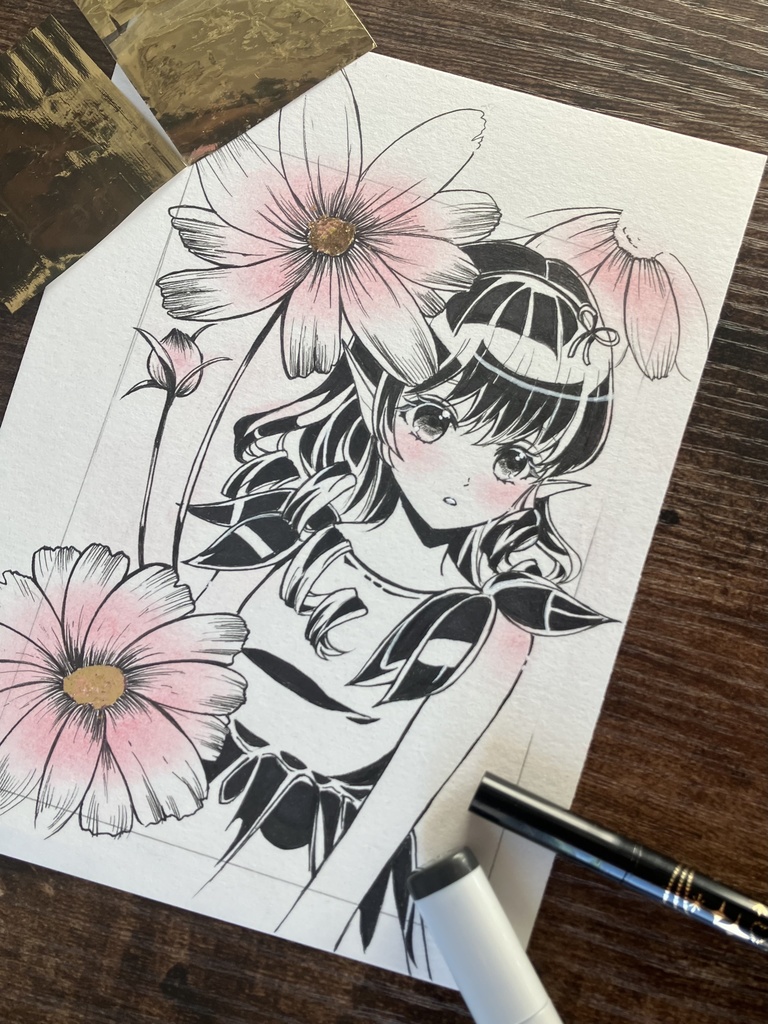 秋桜さん 手描きハガキサイズ原画 本金箔を使いました