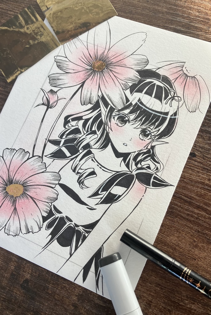 秋桜さん 手描きハガキサイズ原画 本金箔を使いました