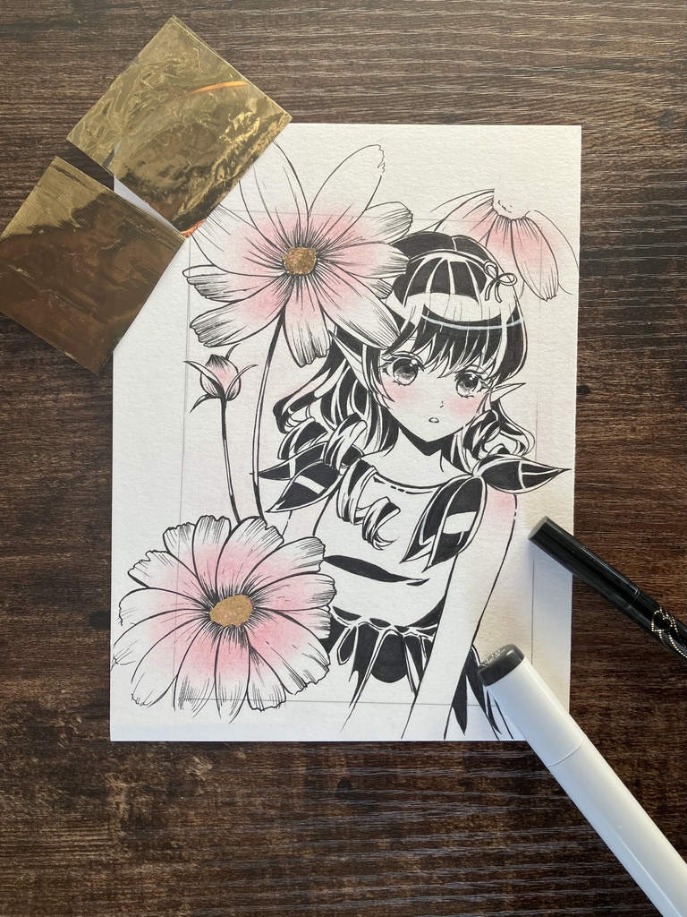 秋桜さん 手描きハガキサイズ原画 本金箔を使いました