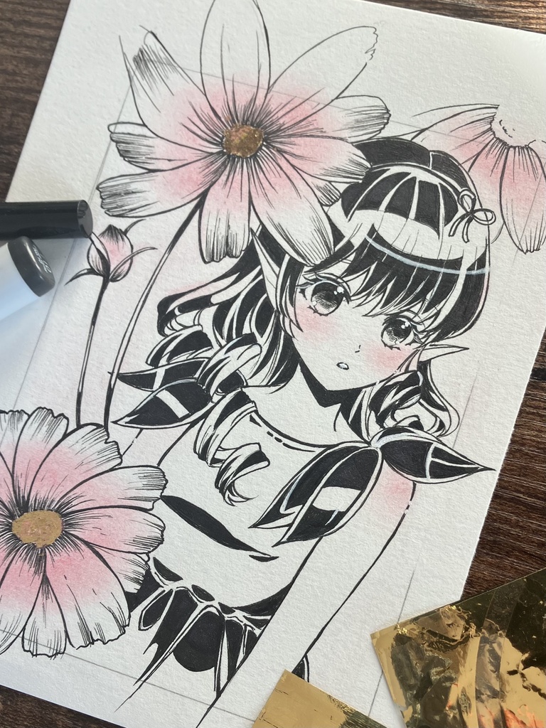 秋桜さん 手描きハガキサイズ原画 本金箔を使いました