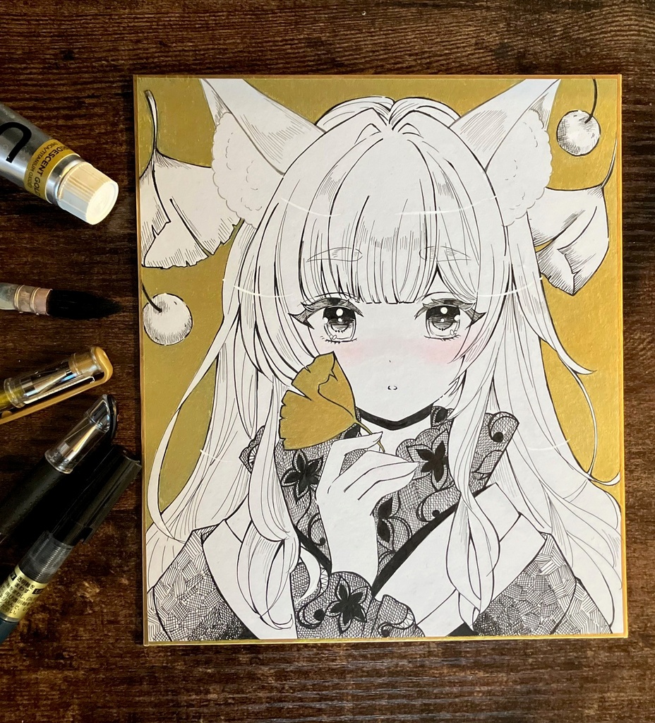 銀杏と狐さん 手描き色紙 掛け網をがんばりました 色紙原画