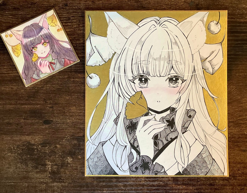 銀杏と狐さん 手描き色紙 掛け網をがんばりました 色紙原画