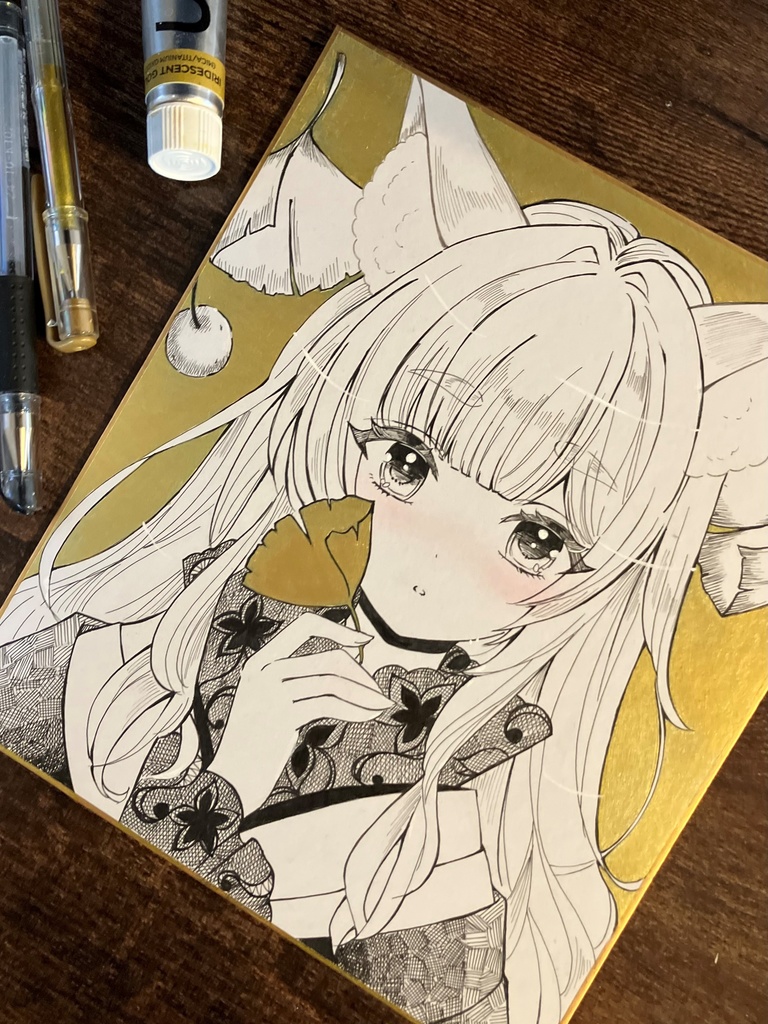 銀杏と狐さん　　手描き色紙　掛け網をがんばりました　色紙原画