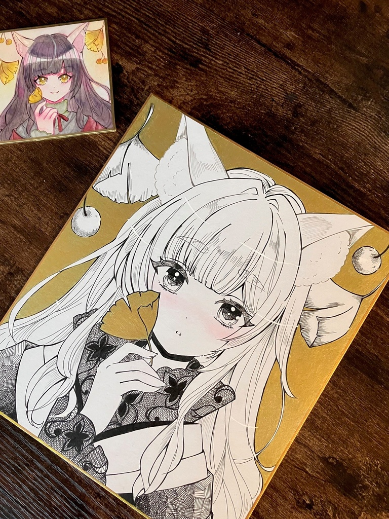 銀杏と狐さん 手描き色紙 掛け網をがんばりました 色紙原画