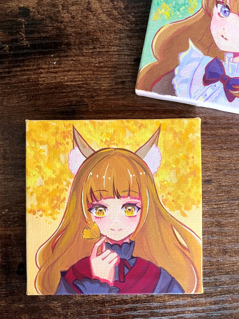キャンバス原画　原画販売　アクリルガッシュ原画　狐と銀杏　ミニキャンバス