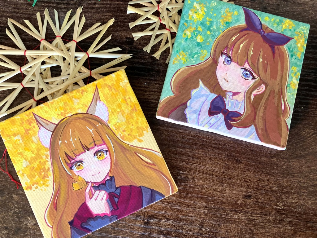 キャンバス原画 原画販売 アクリルガッシュ原画 狐と銀杏 ミニキャンバス