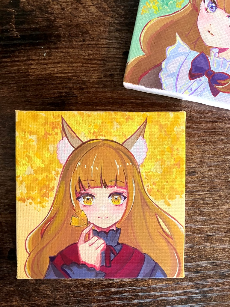 キャンバス原画 原画販売 アクリルガッシュ原画 狐と銀杏 ミニキャンバス