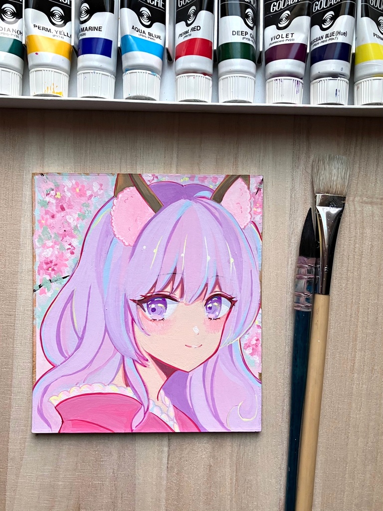 アクリル原画 原画販売 お花と三つ編みの女の子 アクリルガッシュ原画