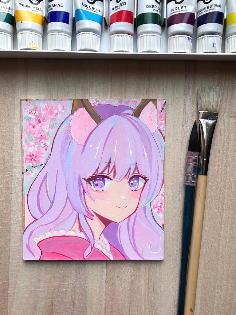 アクリル原画 原画販売 お花と三つ編みの女の子 アクリルガッシュ原画