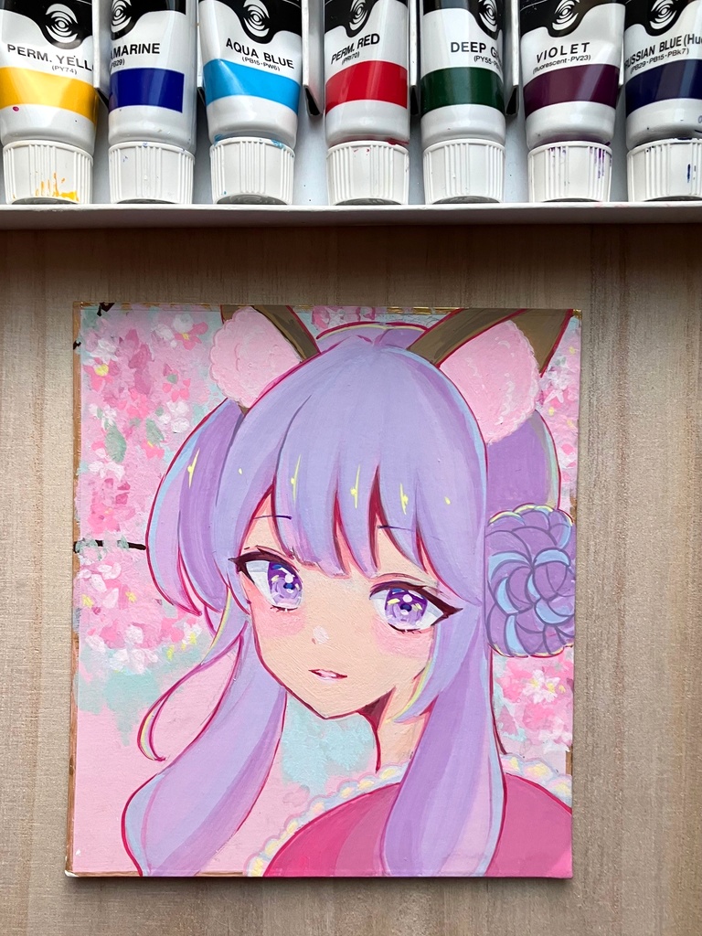 お花と三つ編みお団子きつねさん アクリルガッシュ原画 色紙原画 原画販売