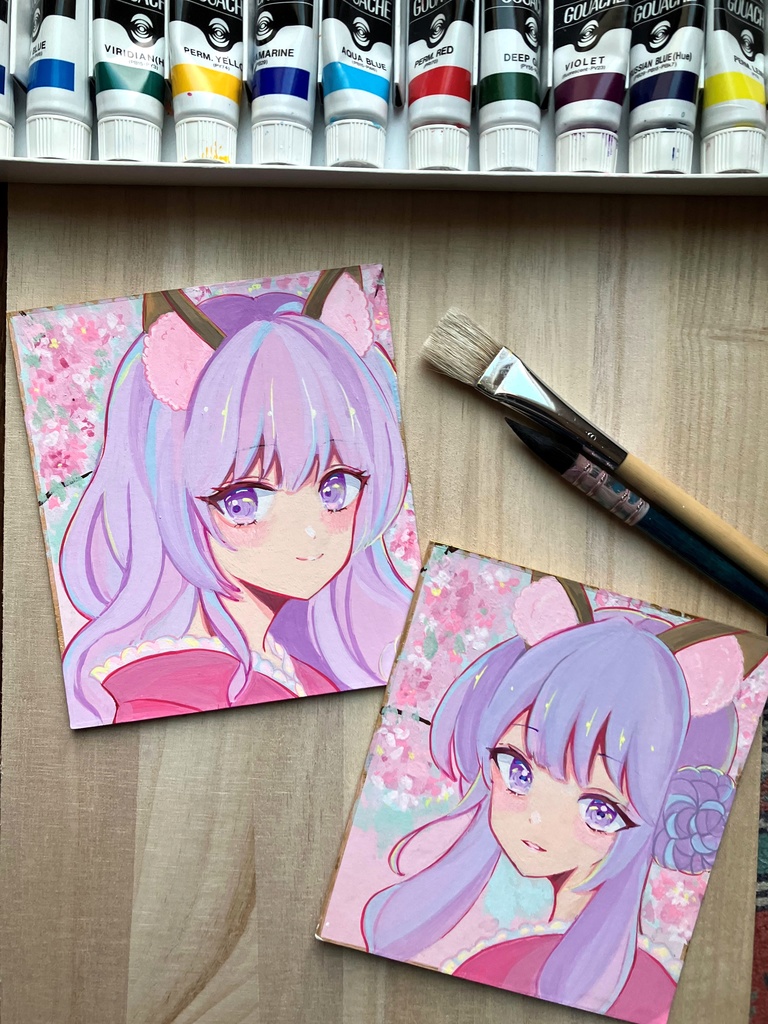 お花と三つ編みお団子きつねさん アクリルガッシュ原画 色紙原画 原画販売