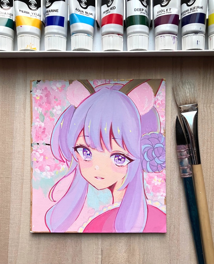 お花と三つ編みお団子きつねさん アクリルガッシュ原画 色紙原画 原画販売