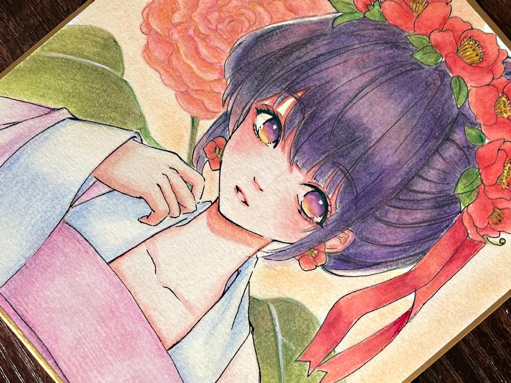 一点物【原画】椿と和装少女『椿の彩』水彩色鉛筆・ウォーターフォード紙