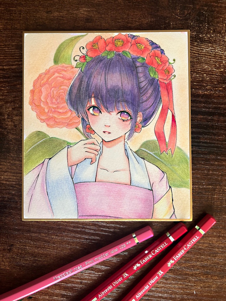 一点物【原画】椿と和装少女『椿の彩』水彩色鉛筆・ウォーターフォード紙