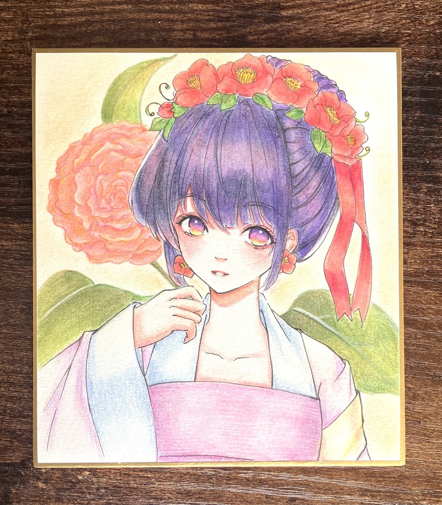 一点物【原画】椿と和装少女『椿の彩』水彩色鉛筆・ウォーターフォード紙