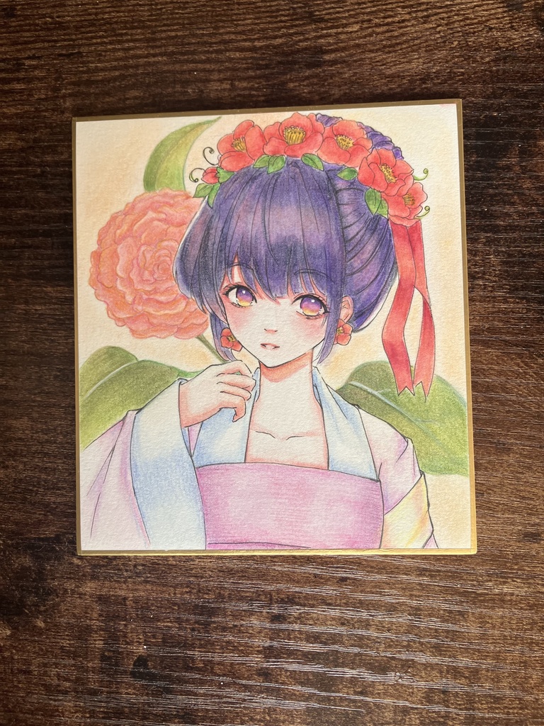 一点物【原画】椿と和装少女『椿の彩』水彩色鉛筆・ウォーターフォード紙