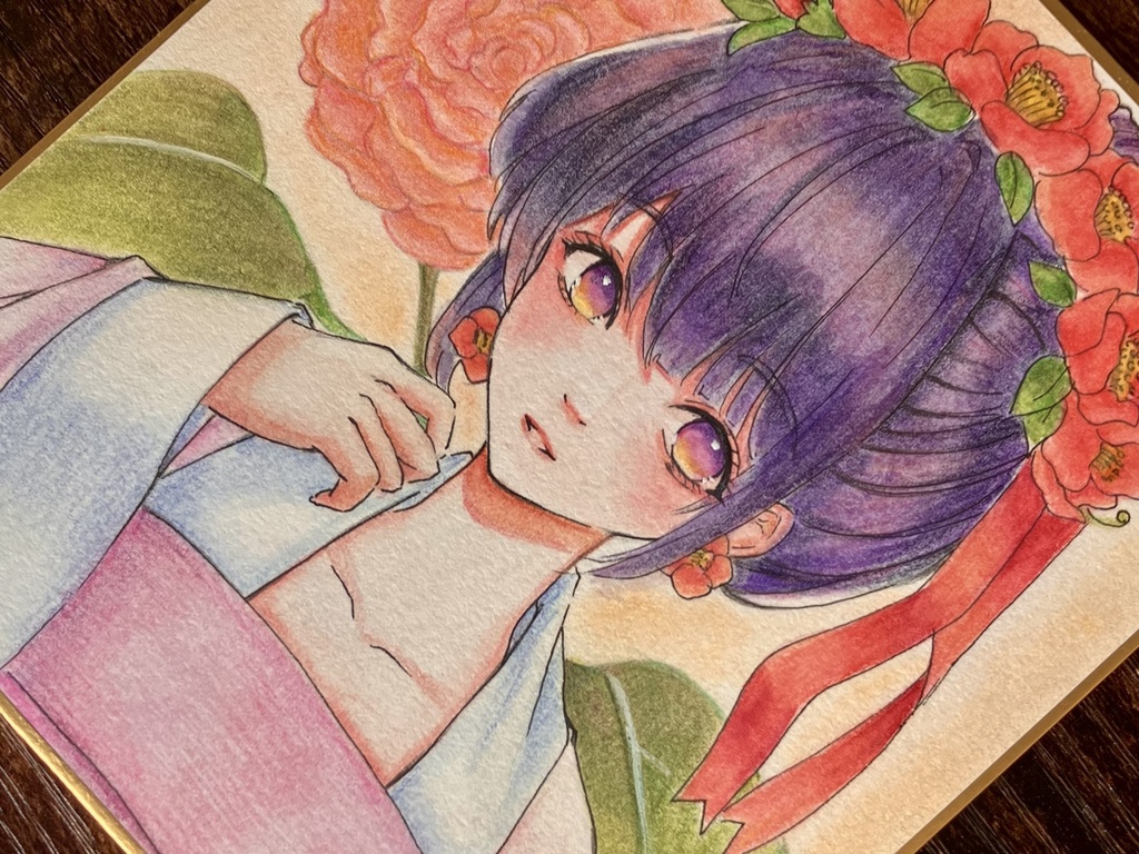 一点物【原画】椿と和装少女『椿の彩』水彩色鉛筆・ウォーターフォード紙