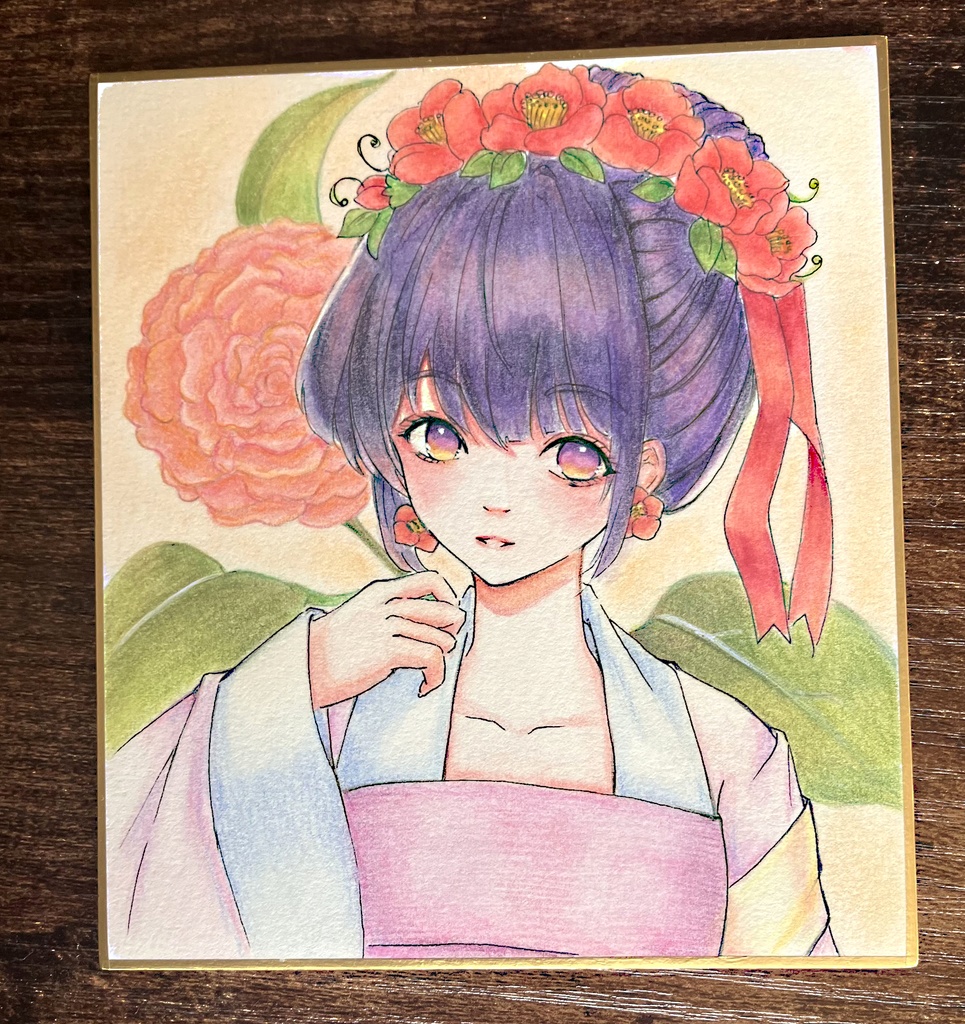 一点物【原画】椿と和装少女『椿の彩』水彩色鉛筆・ウォーターフォード紙