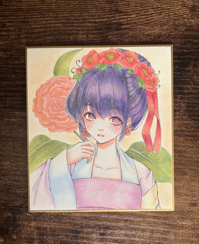 一点物【原画】椿と和装少女『椿の彩』水彩色鉛筆・ウォーターフォード紙