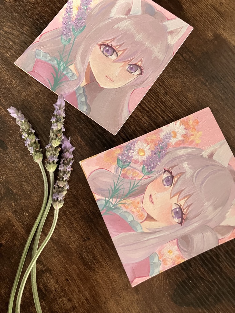 【手描き原画】猫耳少女とラベンダーの庭 / アクリル画・色紙